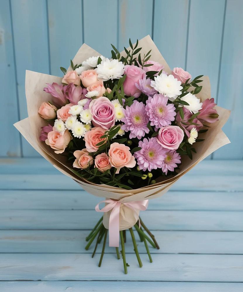 Букет цветов из: Хризантемы, Розы и Альстромерии в Посёлке Палатка